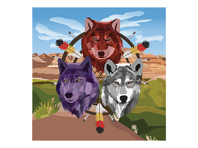 Red Wolf, Violet Wolf & White Wolf art bravery colors design digital art flat illustration illustrator leaders nature pack red teamwork together trio vector violet warriors white wolves