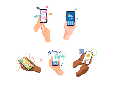 Hand holding phone set cartoon hand illustration phone vector