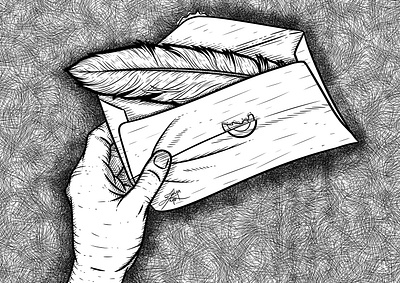 Feather art cross hatching decorative digital drawing envelope feather hold holding illustration illustration digital left line lineart lines ornate scruffy stylize stylized unkept
