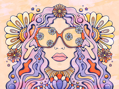 Oh Daisy 70s beautiful colorful daisy design female flowers groovy halftone illustration livelyscout portrait procreate psychedelic retro sunglasses vintage illustration woman