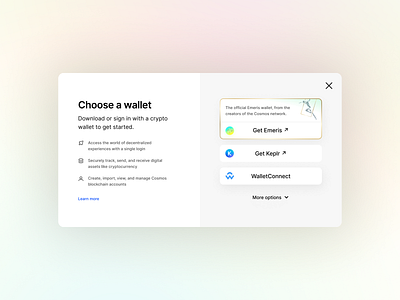 Connect Crypto Wallet binance clean connect cosmos crypto defi desktop dex emeris fintech interface keplr product sign in simple ui ux wallet walletconnect