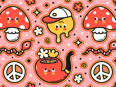 Hippie vibes acid amanita cartoon character cute dope flower good vibes happy hippie illustration kawaii magic mushrooms peace psychedelic smile snake trip trippy
