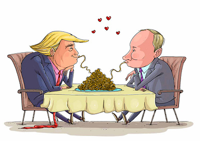 Trump vs Putin donald trump friendship friendship day illustration art political cartoon press cartoon russia spageti usa vladimir putin