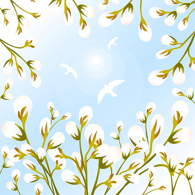 Spring Sky birds bloom blossom blue botanical botany buds easter heaven nature palm sunday serenity sky spring springtime sun sunlight vector white willow