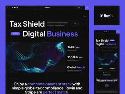 Revin - Tax Shield for Your Digital Business agency app brand branding dark dashboard digital business global tax graphic design integration landing page maps payment purple seller tax tax shield ui website widgets