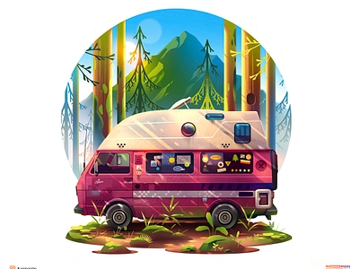 Pinky ! adventure camper camping carillustration feelgood illustration light mountain nature natureillustration pink positive retro stickers tinyhouse travel van vanlife vector westfalia