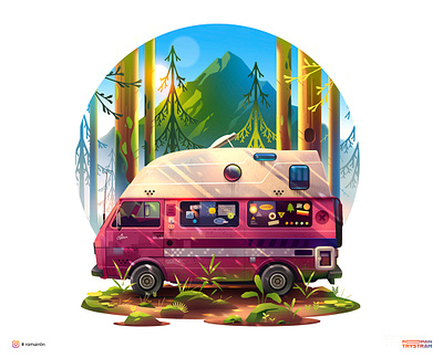 Pinky ! adventure camper camping carillustration feelgood illustration light mountain nature natureillustration pink positive retro stickers tinyhouse travel van vanlife vector westfalia