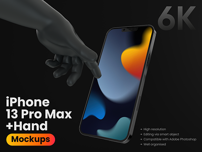 iPhone 13 Pro Max + Hand Mockup 13pro branding dark design device gumroad hand illustration iphone iphone13 layout minimal mockup mockups psd spg template ui ux