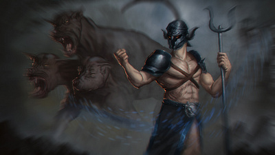 Hades and Cerberus. 2dart cerberus characterdesign digital painting digitalart hades illustration warrior