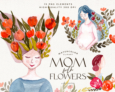 Mom with Flowers Clipart - Happy Mother's Day PNG Clip Art art artwork clipart cute design drawing floral flower hand drawn illustration mom moms mother motherhood mothers day mothersday painting watercolor watercolor illustration watercolor painting