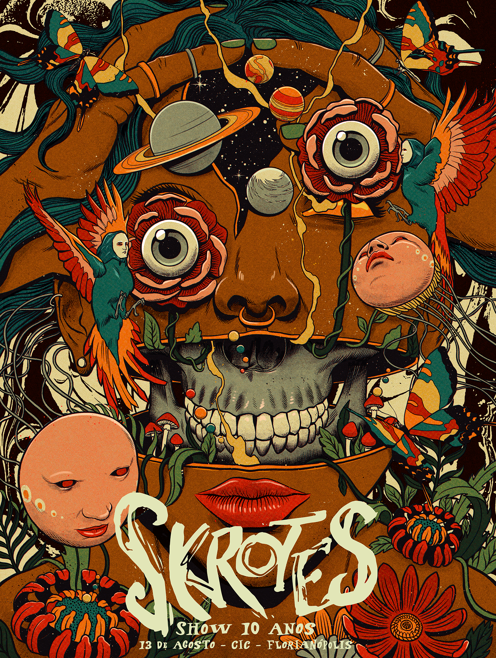 Skrotes birds butterfly cosmos flowers gig poster music poster show skull space tropical woman