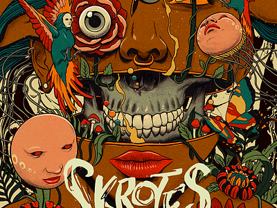 Skrotes birds butterfly cosmos flowers gig poster music poster show skull space tropical woman