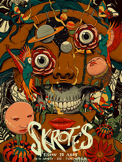 Skrotes birds butterfly cosmos flowers gig poster music poster show skull space tropical woman