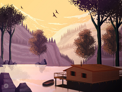 Cabin On The Lake birds boat cabin cloud design designer dribbble illustration illustrator lake leaf mountain rocks shadows sunset tree trees vector