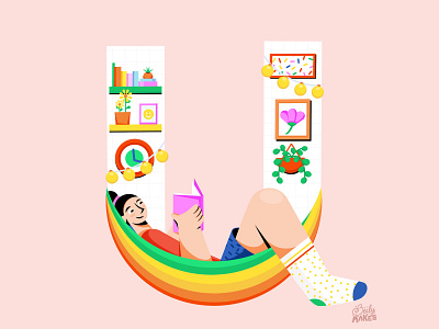 U is to Unwind 36days 36daysoftype character illustration colorful design filipino flat design flat illustration girl hammock illustrations living room procreate resting woman woman illustration