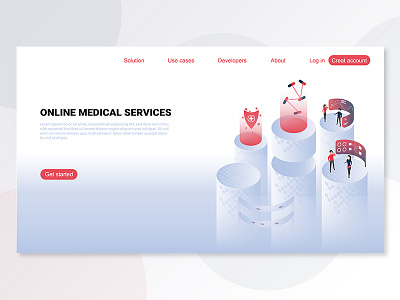 Landing page isometric online medical services app concept design flat graphic header illustration isometric landing page medical minimal online services simple slider ui ux vector web website