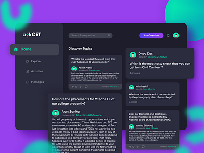 Home Page | askCET Website answer cards community dark dark theme dark ui explore forum home homepage minimal question trending ui ui ux ui design uidesign uiux website website design