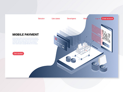 Landing page isometric mobile payment app concept design flat graphic header illustration isometric landing page minimal mobile payment shop simple slider ui ux vector web website