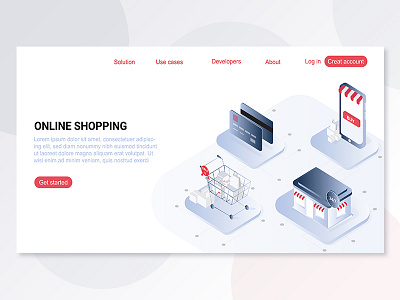 Landing page isometric online shopping app buy concept design flat graphic header illustration isometric landing page minimal online shopping simple slider ui ux vector web website