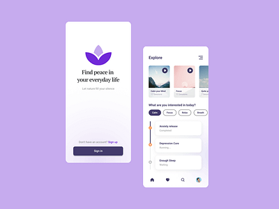 Meditation Concept App app design flat happy health meditation simple ui ux