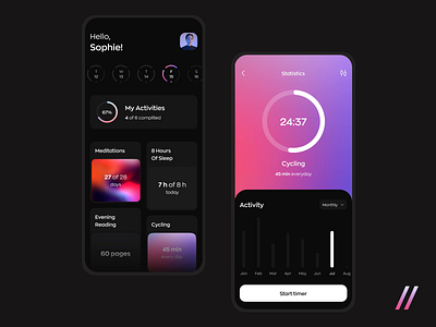 Habits Tracker App android mobile animation app app interaction calendar dark theme design habbits interaction interface ios app mobile motion motion design statistics timer track ui uiux ux