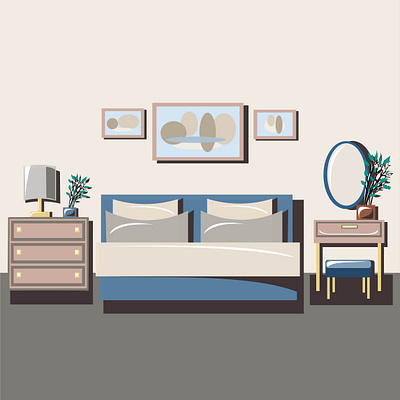 A set of furniture, accessories for the interior. Room, bedroom bed chair collection color console curbstone design furniture illustration interior mirror painting potted plant sofa table lamp vector
