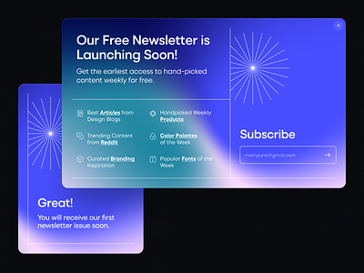 Newsletter Subscribe Modal and Inbox abstract colorful futuristic gradient icons inbox mail modal newsletter shapes sources ui
