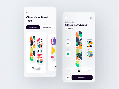 Custom Snowboards App app design figma inspire interaction design mobile app mobile app design mobile design mobile ui skateboard skateboarding snowboard snowboarding ui ui ux ui design uidesign uiux user interface