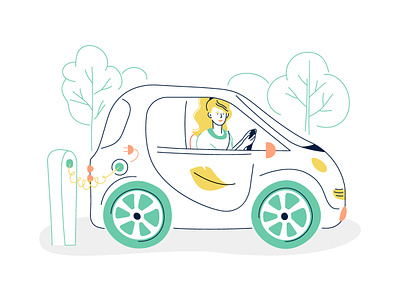 Electric car line illustration car character charging design ecology electric environment illustration line outline style vector vehicle