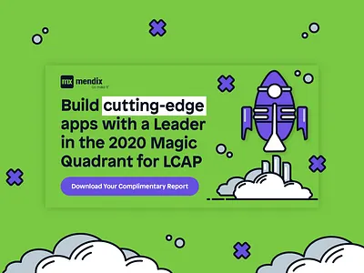 Low-code Ad Refresh adobe illustrator ads advertising apps business code corporate design developer gartner illustration leader lowcode megaphone mendix number one rocketship tech trophy vector