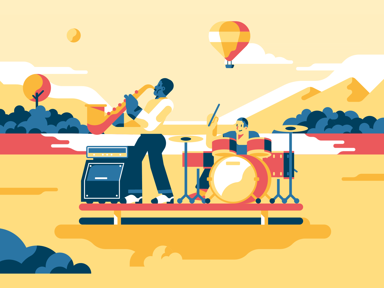 InVolo - Sax & drums band character animation characters drum drummer drumstick illustration landscape motion design music sail ho studio sax saxophonist sho studio vector