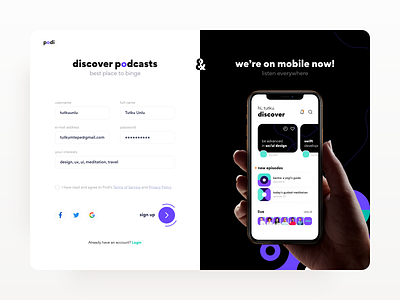 Podi - Podcast app design dashboard design experience figma geometric listen login mobile mobile app music panel podcast sign up ui ux ui design ux ux design web web app