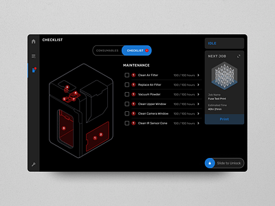 Fuse 1 UI 3d printer buttons checklist dark mode diagram drawing formlabs fuse icon interface iot machine product tasks ui wizard