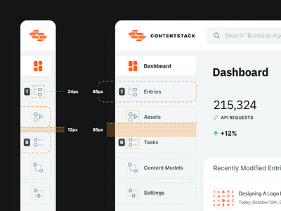 Contentstack CMS Side Navigation Bar - Grid Guidelines 24px grid analytics cms collapsible dashboard data developer dotted grid guide icon metrics navbar navigation progress project management sizing spacing spec specification