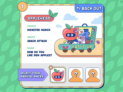 Radical Racers: Applehead apple bright character character design colorful creativity design flat graphic graphic design illustration kartracing kawaii line icon mario kart minimalistic simple vector vector art videogames