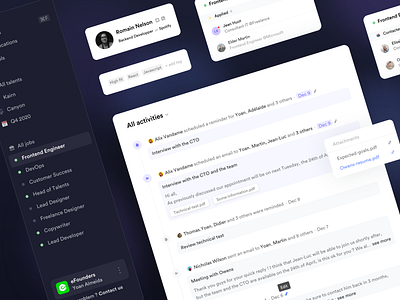 Crew • Activity feed activity feed branding careers components dark design system hiring icons job navigation product design profile recruitment saas saas design sidebar software startup teamwork ui components