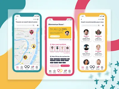 Nativing coaching & language App app app design blue branding culture design discover language language learning learning app map material pink profile share travel ui yellow