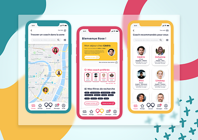 Nativing coaching & language App app app design blue branding culture design discover language language learning learning app map material pink profile share travel ui yellow