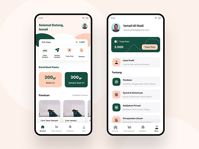 Cleverwaste account android app dashboard design green home screen modern professional profile ui ux