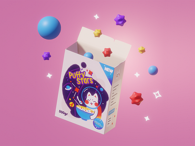 Puffy Stars 3d 3d art astronaut blender box cat cereal cute design illustration package package design space vector