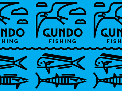 Gundo Fishing bird birds clouds design fish fishing flat hawaii hook hooks icon illustration logo mahi monoline ocean ono sea typography vector