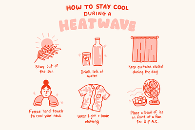 Heatwave tips heat dome heatwave hydration icons illustration infographic pink red safety self care summer