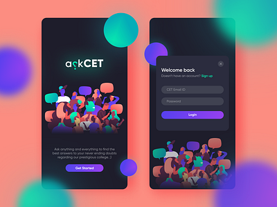 Onboarding & Login | askCET Mobile UI community dark dark mode dark ui forum login minimal mobile app design mobile design mobile ui modern onboarding question sign up trendy ui ui ux ui design uidesign uiux