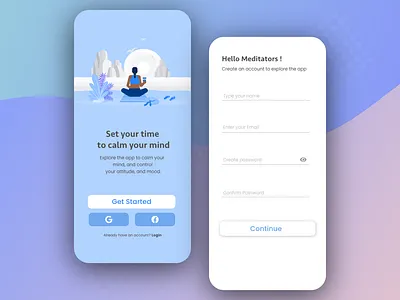 meditation app login screens design flat illustration meditation app minimal typography ui ux