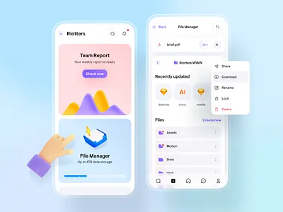 Mobile Application 🤟 app blue blur clean colors design digital files gradient manager minimal mobile report rounded task team ui upload ux white