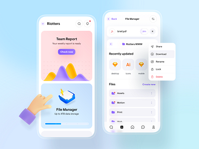 Mobile Application 🤟 app blue blur clean colors design digital files gradient manager minimal mobile report rounded task team ui upload ux white