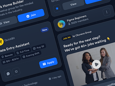 Community & Job Card – Dark Mode ad avatar badges button cards community components figma group jobs member pills rating tags ui ui components ui kit user interface ux video