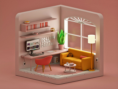3D workplace 3d 3d room 3d workplace c4d cinema4d coral cute isometric room pink room smoth workplace workspace yellow
