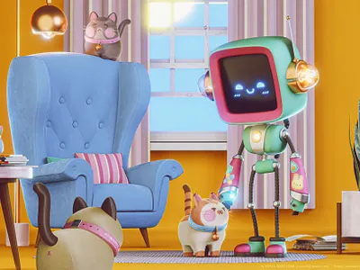 Robot & Cats 3d 3d animation blender blender3d cartoon character cats character design design eevee furniture interior livingroom robot stylized