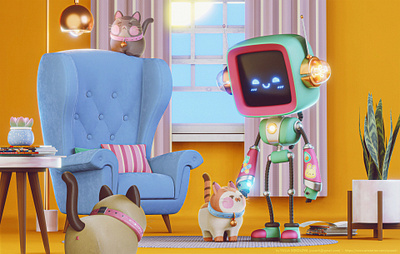 Robot & Cats 3d 3d animation blender blender3d cartoon character cats character design design eevee furniture interior livingroom robot stylized